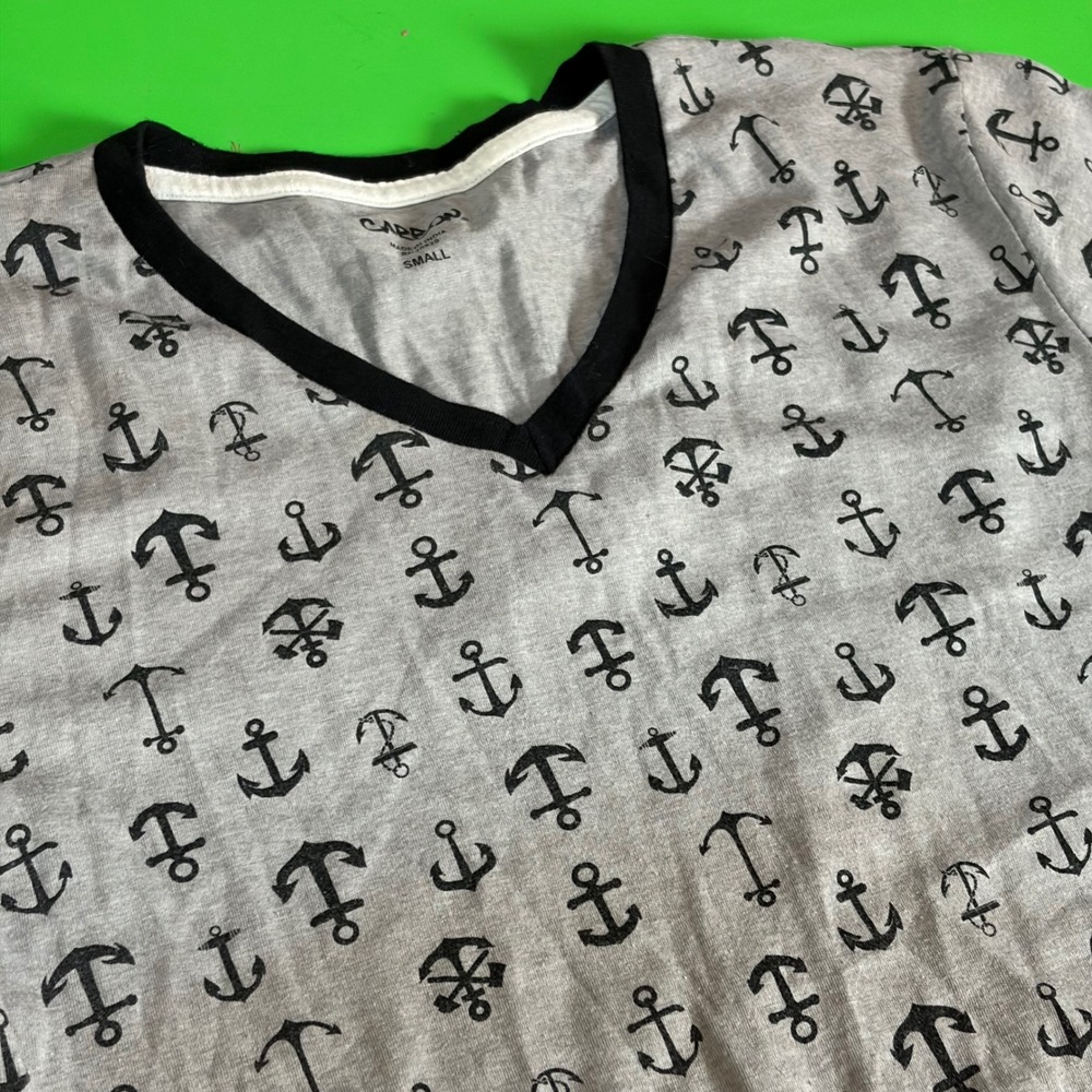 Carbon Anchor AOP T-Shirt Mens S Gray V-Neck Nautical Short Sleeve Tee Geometric